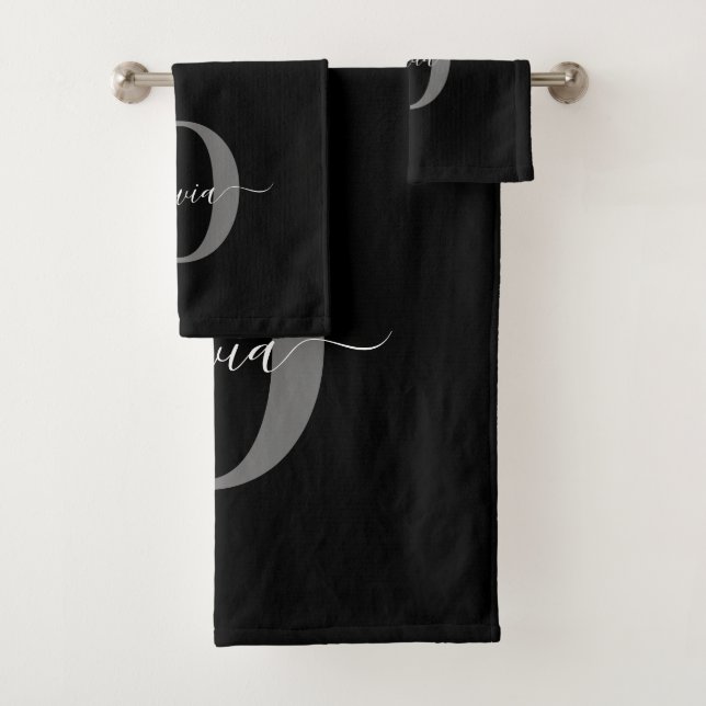 Personalized Monogram Script Name Black White Grey Bath Towel Set (Insitu)