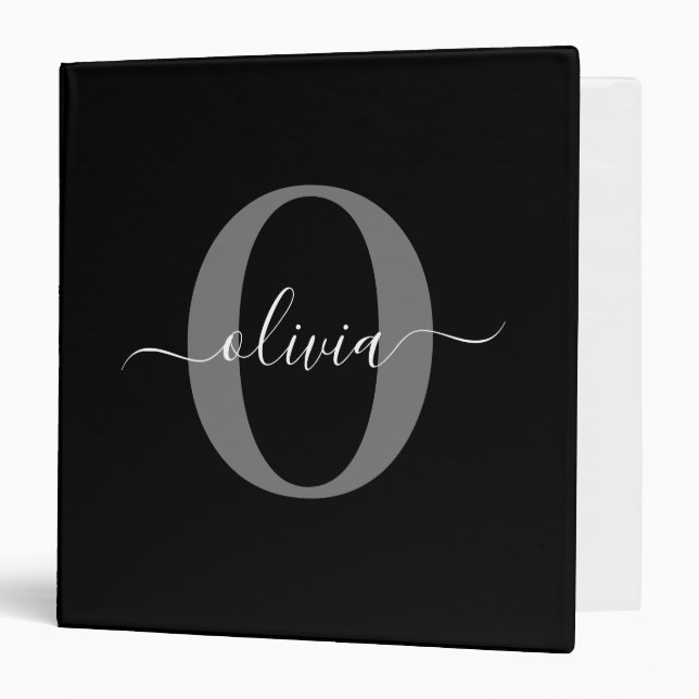 Personalized Monogram Script Name Black White Grey Binder (Front/Inside)