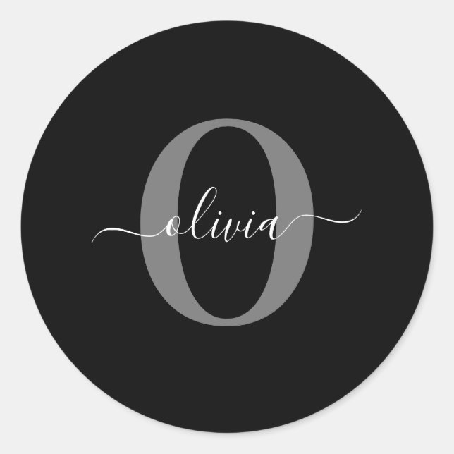 Personalized Monogram Script Name Black White Grey Classic Round Sticker (Front)