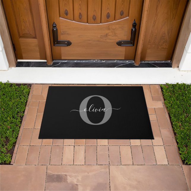 Personalized Monogram Script Name Black White Grey Doormat (Outdoor)