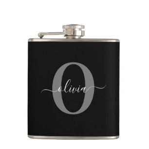 Personalized Monogram Script Name Black White Grey Hip Flask