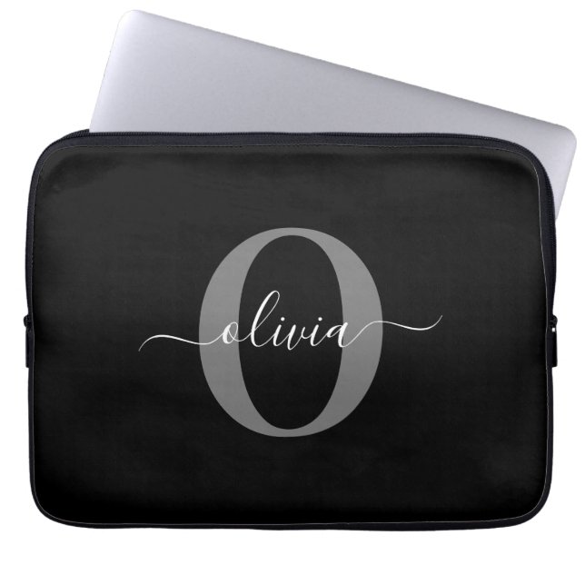 Personalized Monogram Script Name Black White Grey Laptop Sleeve (Front)