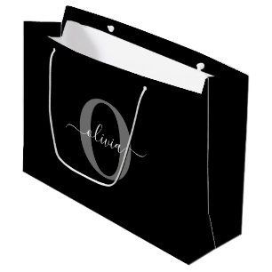 Personalized Monogram Script Name Black White Grey Large Gift Bag