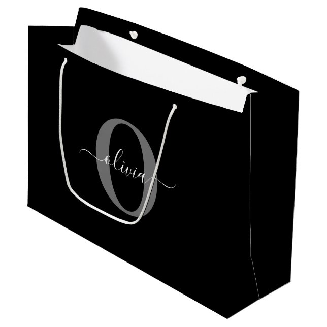 Personalized Monogram Script Name Black White Grey Large Gift Bag (Front Angled)