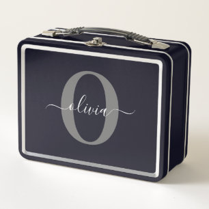 Personalized Monogram Script Name Black White Grey Metal Lunch Box