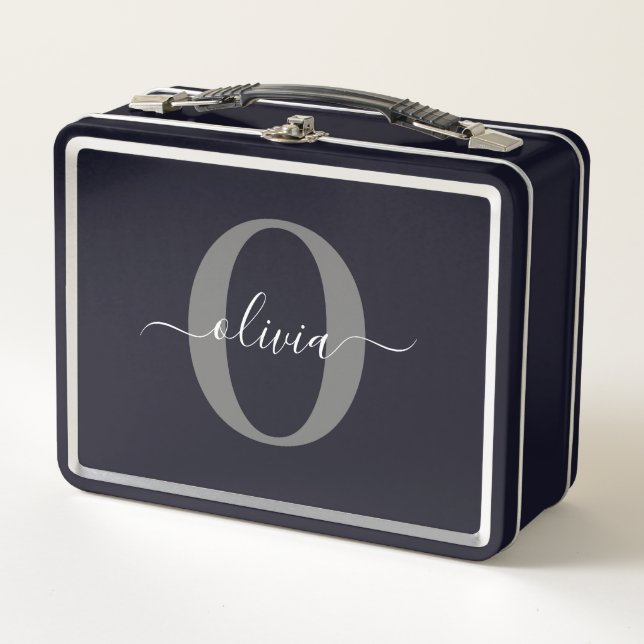 Personalized Monogram Script Name Black White Grey Metal Lunch Box (Front)