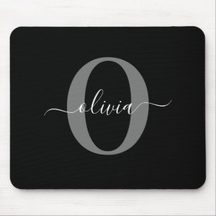 Personalized Monogram Script Name Black White Grey Mouse Pad