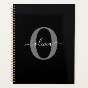 Personalized Monogram Script Name Black White Grey Planner