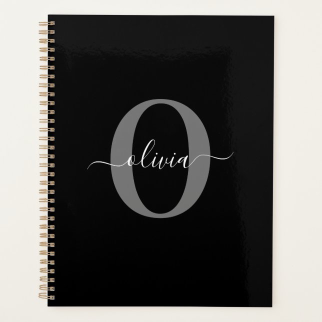 Personalized Monogram Script Name Black White Grey Planner (Front)