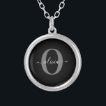 Personalized Monogram Script Name Black White Grey Silver Plated Necklace<br><div class="desc">This elegant monogram and stylish script name design can be given as a gift for a birthday, wedding, bridal shower, anniversary, Mother's Day or any occasion. It can be personalized with the person's initial and name. You can change the font, font colour, font size and background colour using the Design...</div>