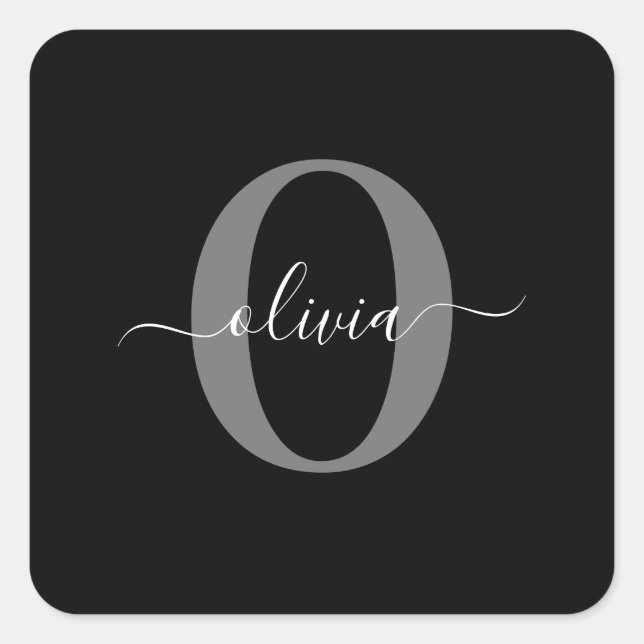 Personalized Monogram Script Name Black White Grey Square Sticker (Front)