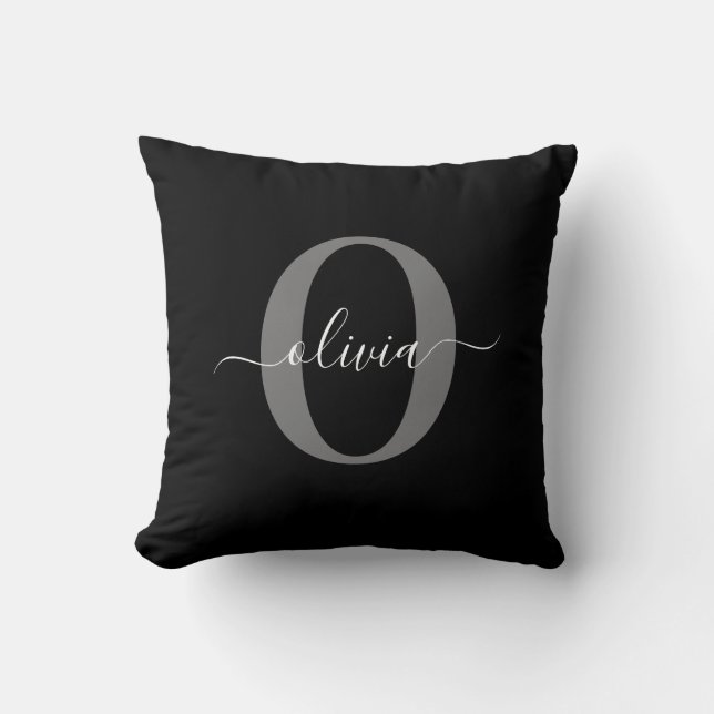 Personalized Monogram Script Name Black White Grey Throw Pillow (Front)