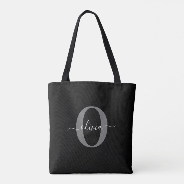 Personalized Monogram Script Name Black White Grey Tote Bag (Back)