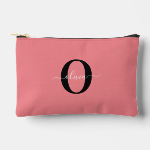 Personalized Monogram Script Name Black White Pink Accessory Pouch