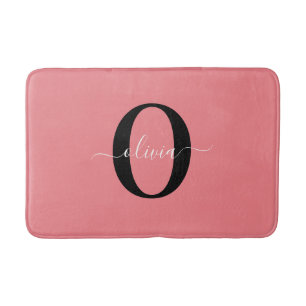 Personalized Monogram Script Name Black White Pink Bath Mat