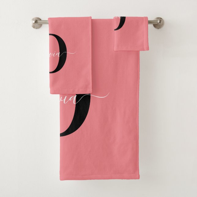 Personalized Monogram Script Name Black White Pink Bath Towel Set (Insitu)