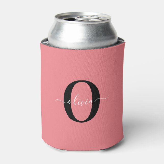 Personalized Monogram Script Name Black White Pink Can Cooler (Can Front)