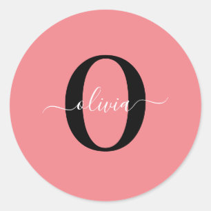 Personalized Monogram Script Name Black White Pink Classic Round Sticker