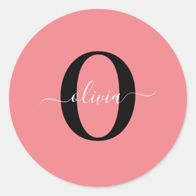 Personalized Monogram Script Name Black White Pink Classic Round Sticker (Front)