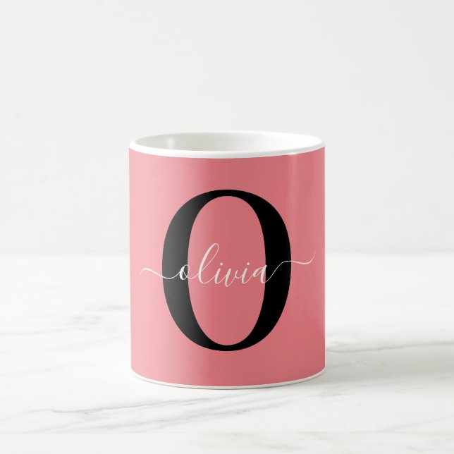 Personalized Monogram Script Name Black White Pink Coffee Mug (Center)