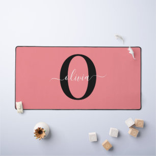 Personalized Monogram Script Name Black White Pink Desk Mat