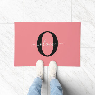 Personalized Monogram Script Name Black White Pink Doormat