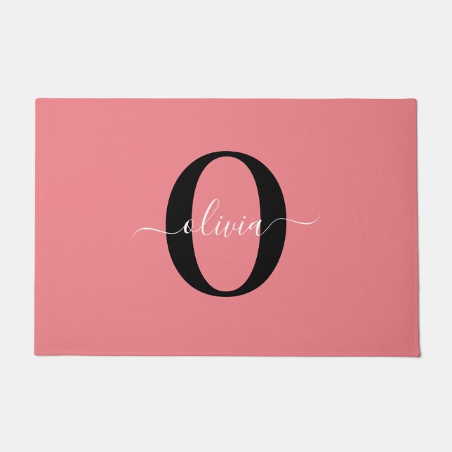 Personalized Monogram Script Name Black White Pink Doormat (Front)