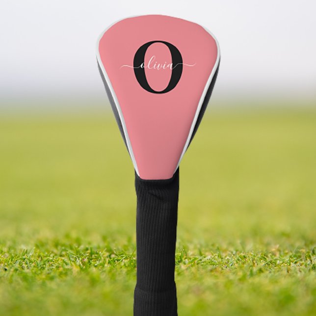 Personalized Monogram Script Name Black White Pink Golf Head Cover (Creator Uploaded)