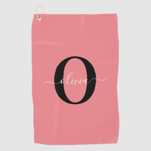 Personalized Monogram Script Name Black White Pink Golf Towel