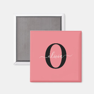 Personalized Monogram Script Name Black White Pink Magnet