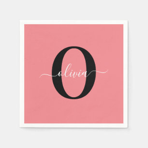 Personalized Monogram Script Name Black White Pink Napkin