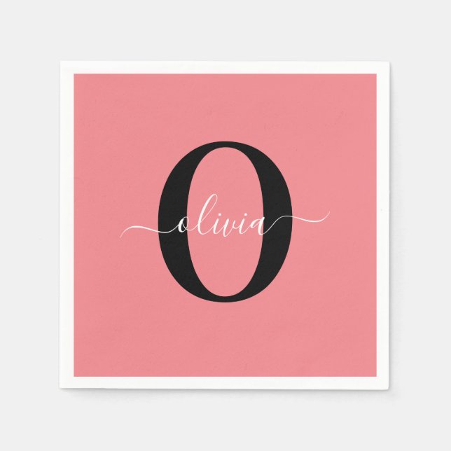 Personalized Monogram Script Name Black White Pink Napkin (Front)