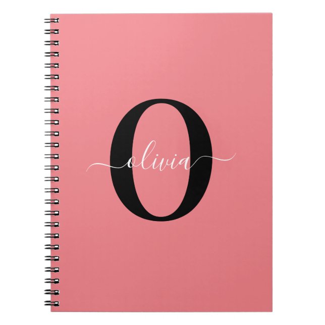 Personalized Monogram Script Name Black White Pink Notebook (Front)