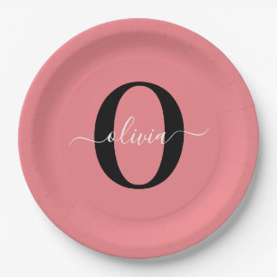 Personalized Monogram Script Name Black White Pink Paper Plate