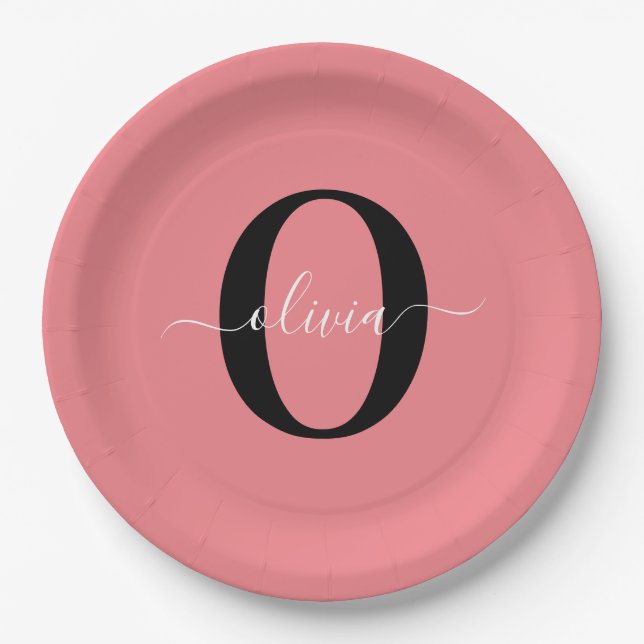 Personalized Monogram Script Name Black White Pink Paper Plate (Front)