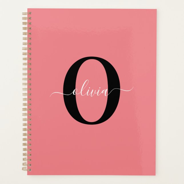 Personalized Monogram Script Name Black White Pink Planner (Front)