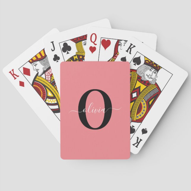Personalized Monogram Script Name Black White Pink Playing Cards (Back)