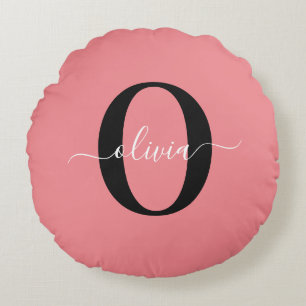 Personalized Monogram Script Name Black White Pink Round Pillow