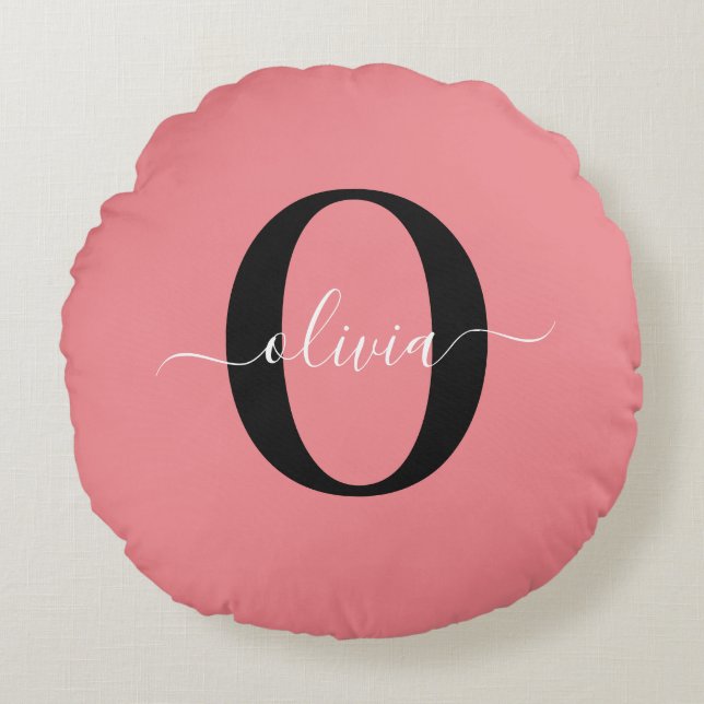Personalized Monogram Script Name Black White Pink Round Pillow (Front)