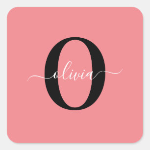 Personalized Monogram Script Name Black White Pink Square Sticker