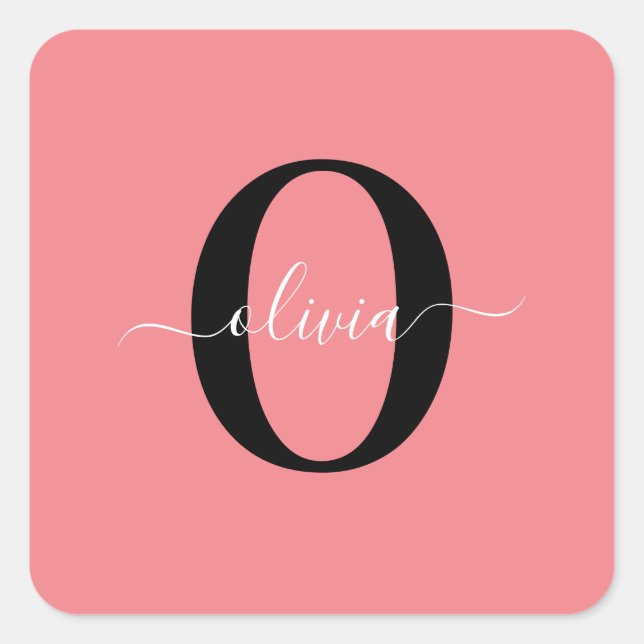 Personalized Monogram Script Name Black White Pink Square Sticker (Front)