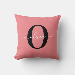 Personalized Monogram Script Name Black White Pink Throw Pillow