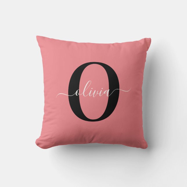 Personalized Monogram Script Name Black White Pink Throw Pillow (Front)