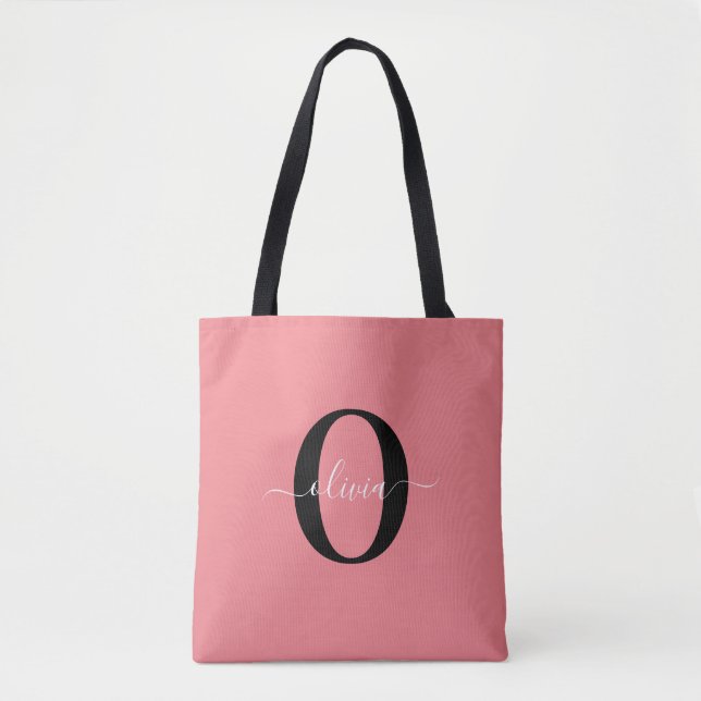 Personalized Monogram Script Name Black White Pink Tote Bag (Front)