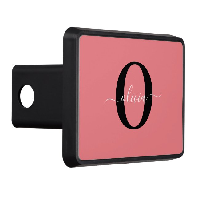 Personalized Monogram Script Name Black White Pink Trailer Hitch Cover (Right)