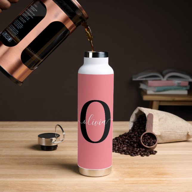 Personalized Monogram Script Name Black White Pink Water Bottle (Coffee)