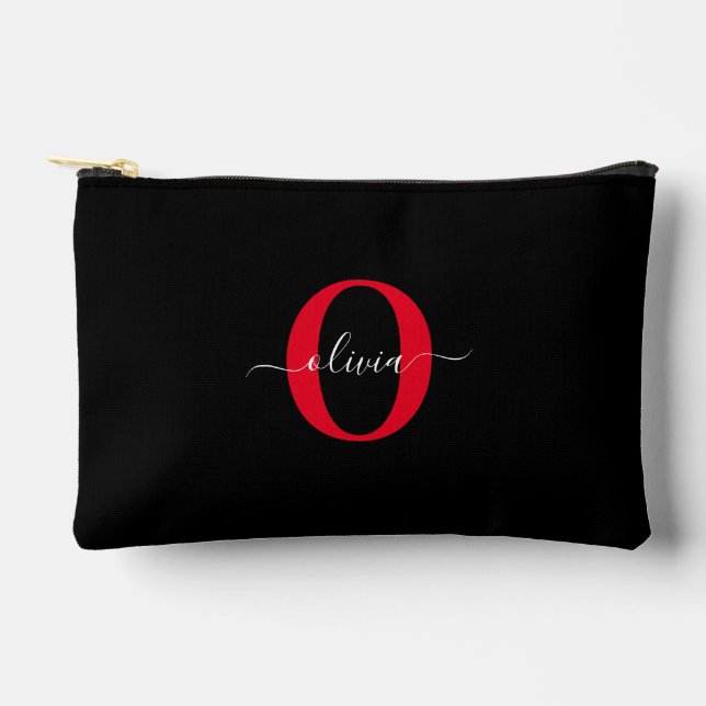 Personalized Monogram Script Name Black White Red Accessory Pouch (Front)