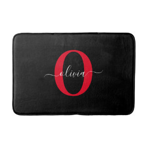 Personalized Monogram Script Name Black White Red Bath Mat