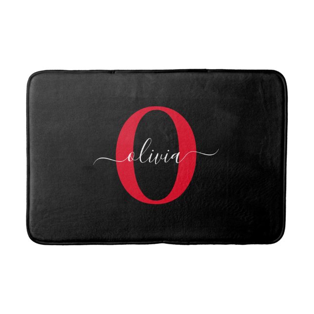 Personalized Monogram Script Name Black White Red Bath Mat (Front)