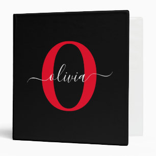 Personalized Monogram Script Name Black White Red Binder